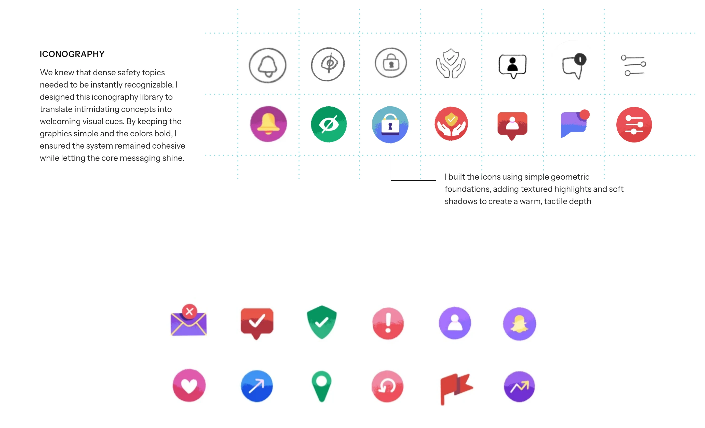 ICONOGRAPHY. We knew that dense safety topics needed to be instantly recognizable. I designed this iconography library to translate intimidating concepts into welcoming visual cues. By keeping the graphics simple and the colors bold, I ensured the system remained cohesive while letting the core messaging shine. I built the icons using simple geometric foundations, adding textured highlights and soft shadows to create a warm, tactile depth