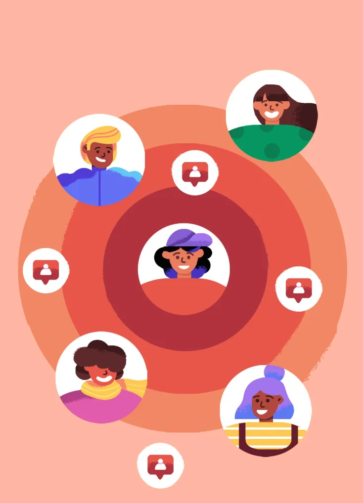 Illustrated circle of diverse Snapchat characters connected by safety notifications
