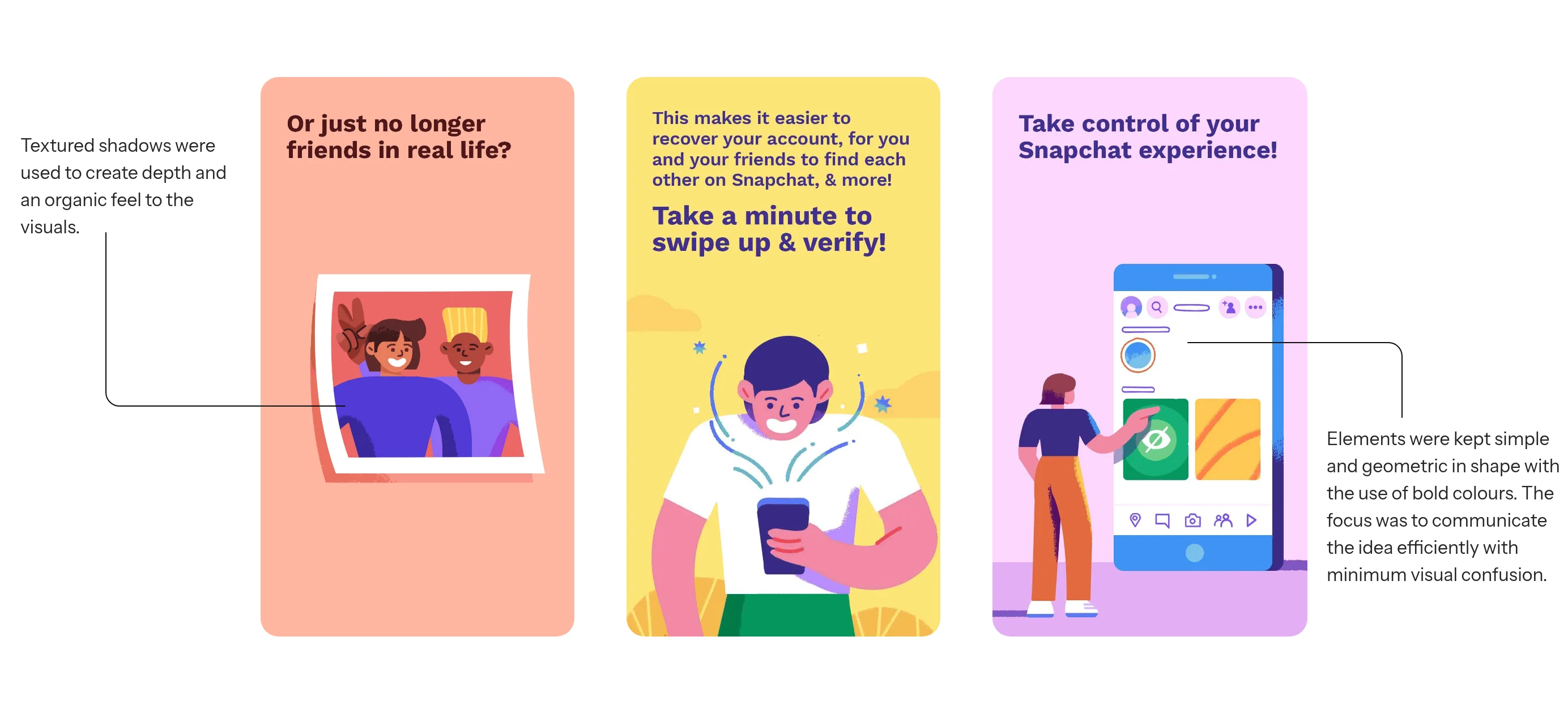 Textured shadows were used to create depth and an organic feel to the visuals. Elements were kept simple and geometric in shape with the use of bold colours. The focus was to communicate the idea efficiently with minimum visual confusion.