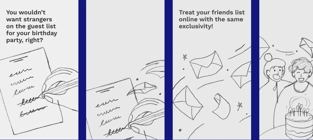 Black and white storyboard sketches for the birthday guest-list safety tip